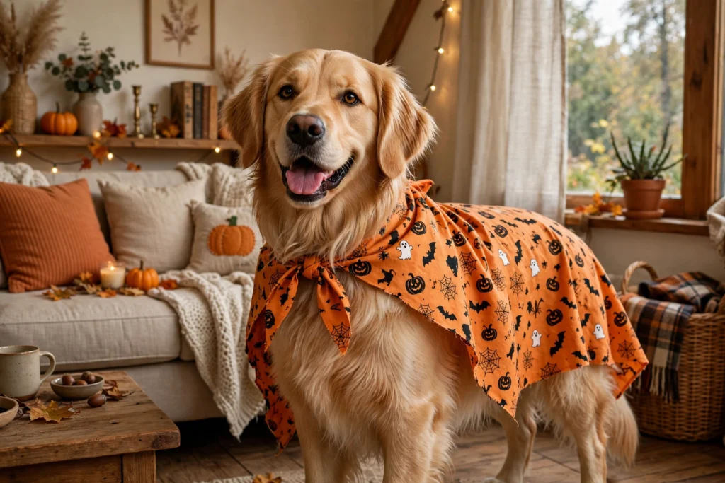 Golden retriever wearing a no-sew Halloween bandana cape costume