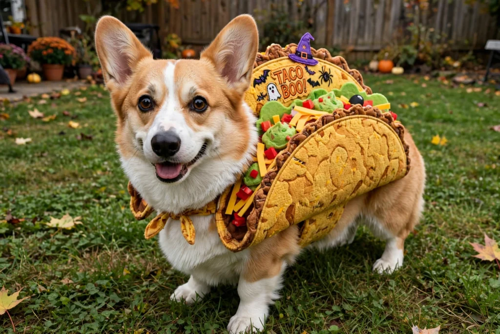 Corgi dressed in a taco Halloween costume
