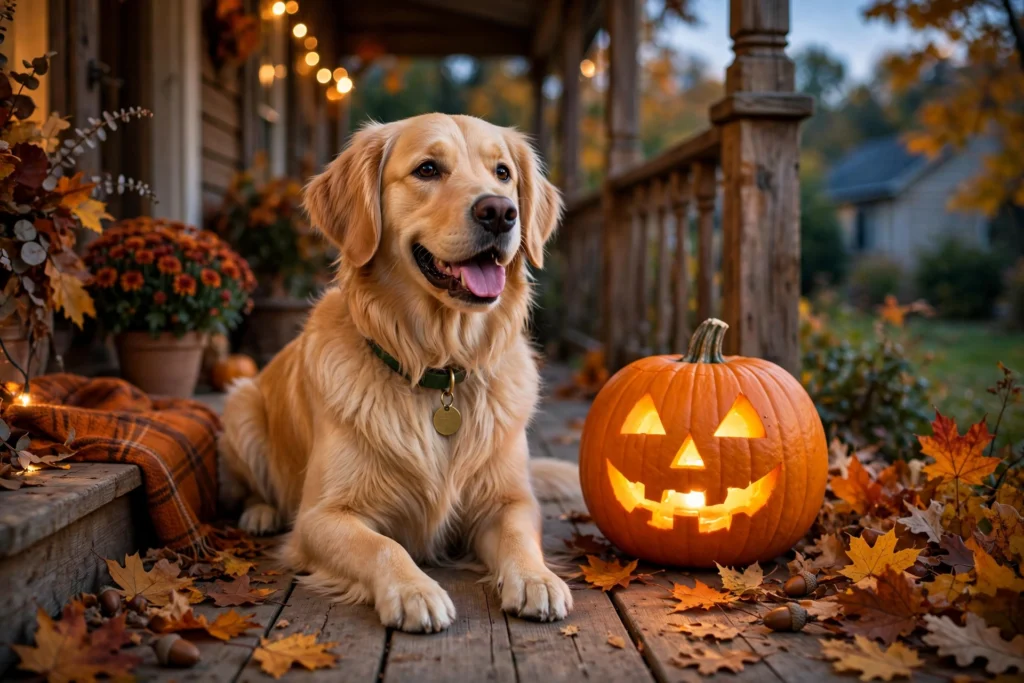 Happy golden retriever sitting next to a glowing jack-o'-lantern pumpkin on an autumn porch