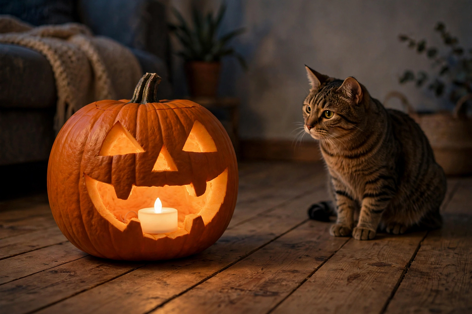 Jack-o'-lantern glowing with a safe battery-powered LED candle while a tabby cat watches from a distance