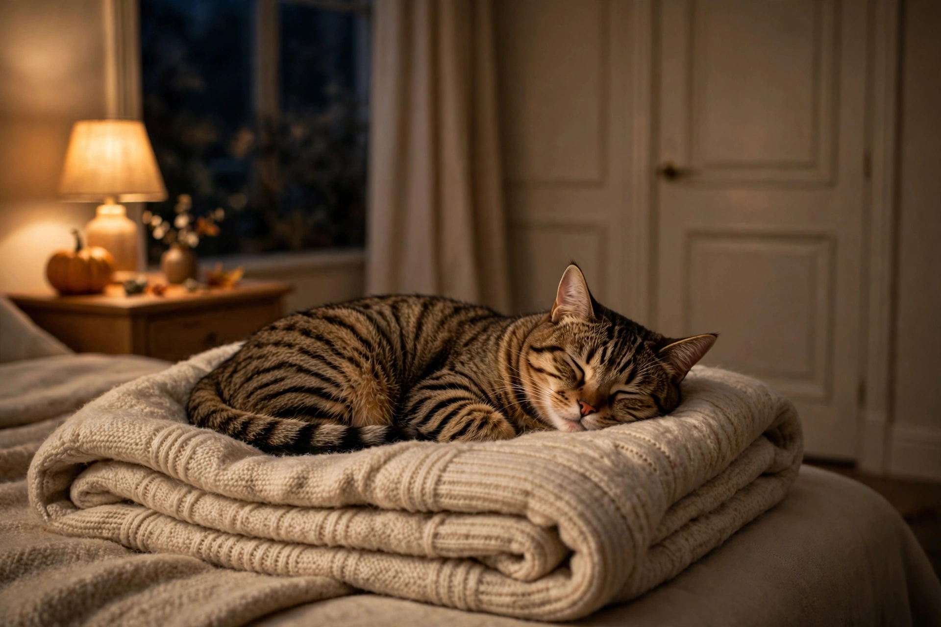 Tabby cat resting calmly on a cozy blanket in a quiet bedroom away from Halloween noise