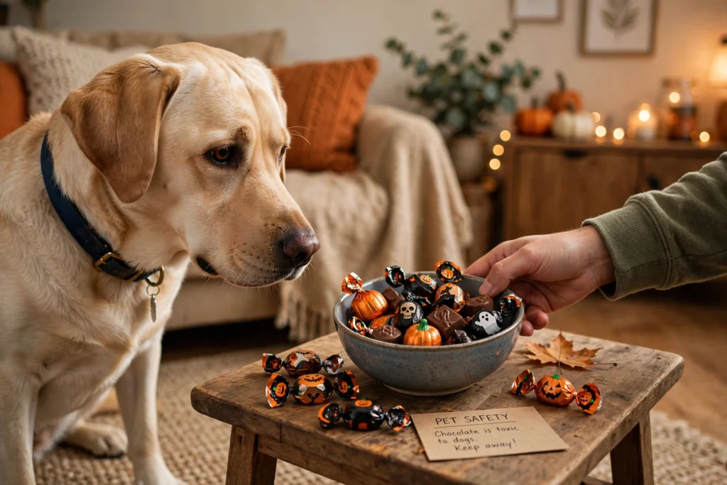 Labrador looking at Halloween chocolate candy being moved away for pet safety